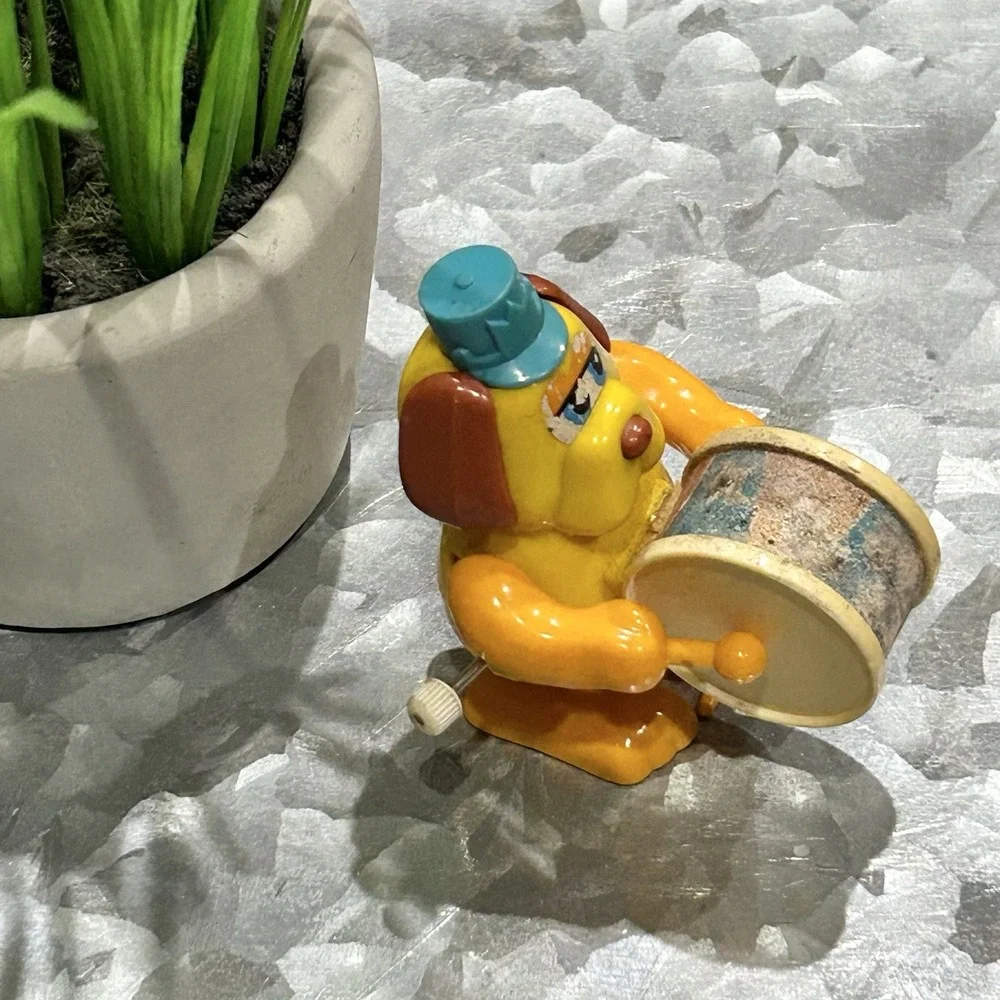 Vintage Tomy Marching Band Drummer‎ Dog (X2) Wind Up Toys *NOT WORKING, As-Is*